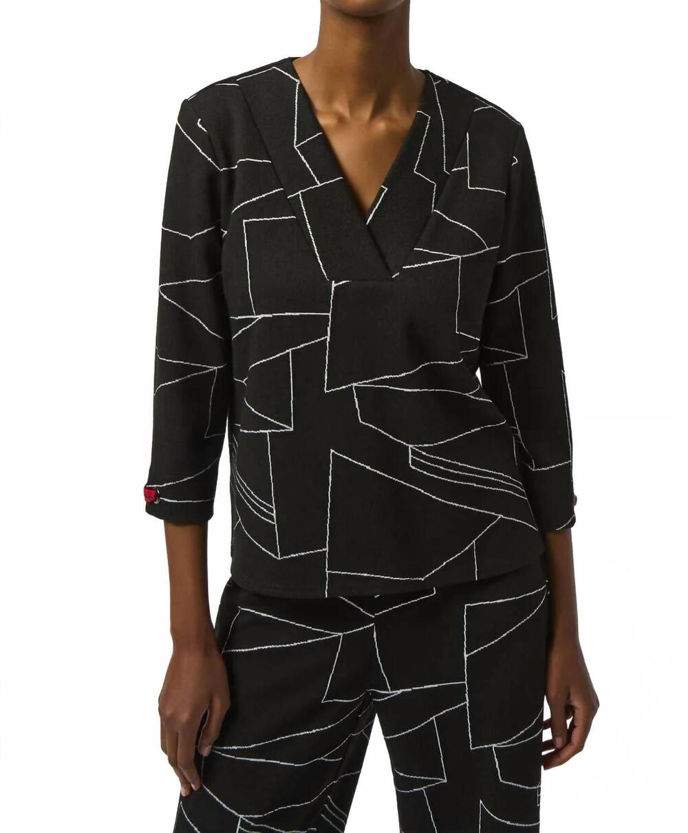 NEW JOSEPH RIBKOFF abstract print v-neck 3/4 sleeves top in black/off white